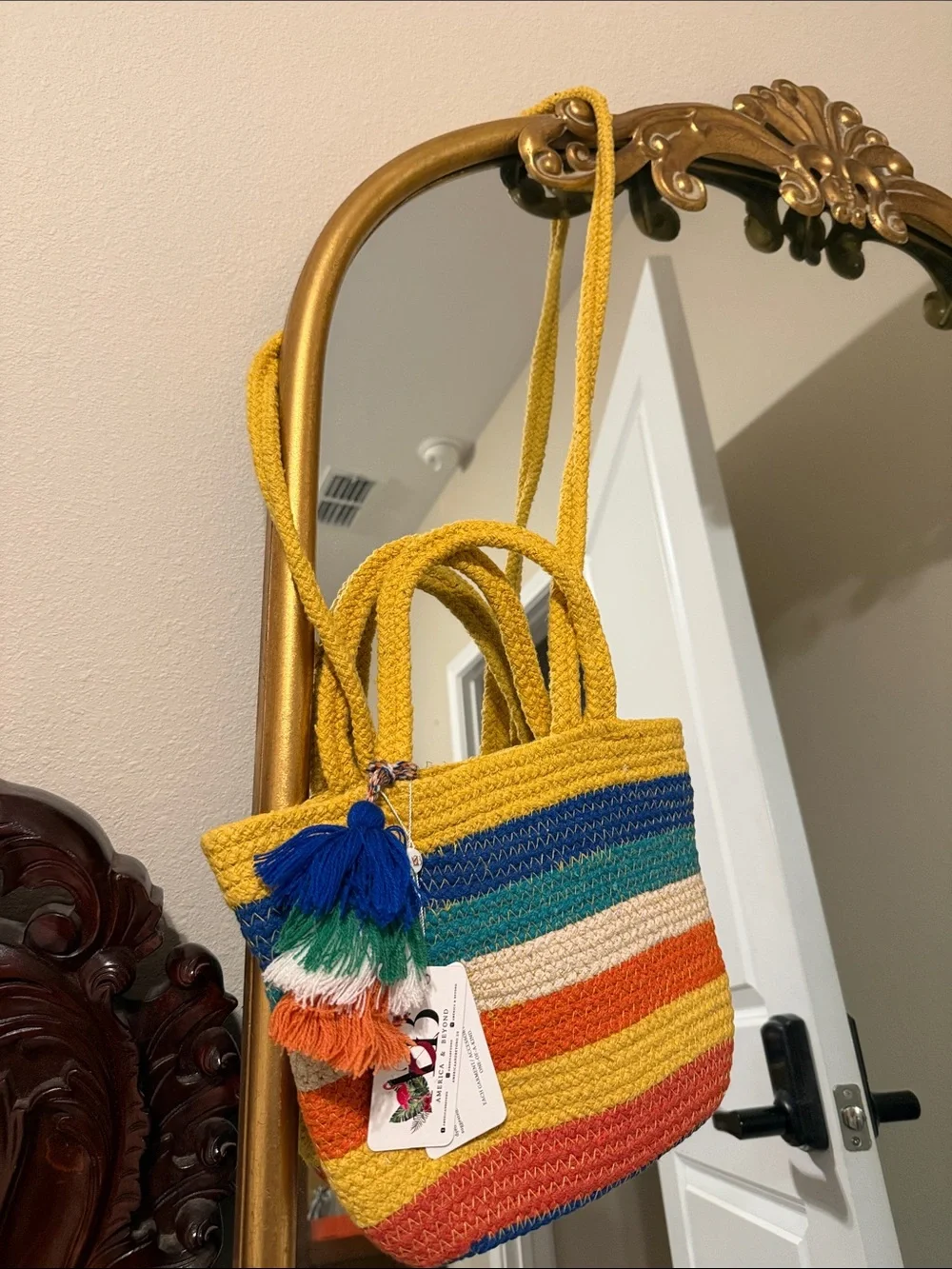 Multicolor Crochet Stripe Tote Bag with Tassel - Yellow Accent